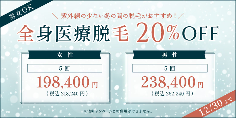 紫外線の少ない冬の間の脱毛がおすすめ！ 全身医療脱毛 20%off 12/30まで 女性 5回 198,000円 税込218,240円 男性 5回 238,400円 税込262,240円 ※他キャンペーンとの併用はできません。