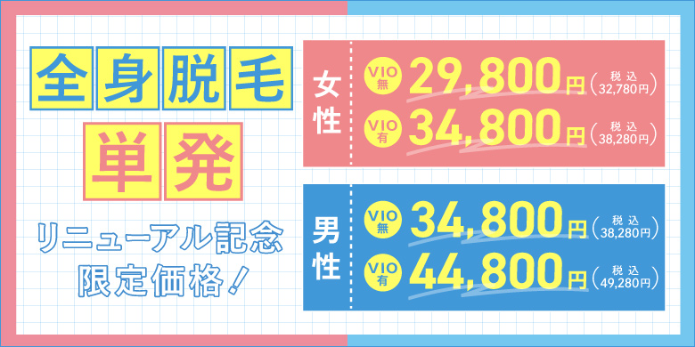 全身脱毛単発 リニューアル記念限定価格 女性 VIO無 29,800円 税込32,780円 女性VIO有・男性VIO無 34,800円 税込38,280円 男性VIO有 44,800円 税込49,280円