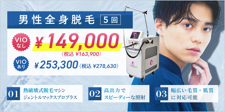 男性全身脱毛 5回 VIOなし ¥149,000 税込¥163,900 VIOあり ¥253,300 税込¥278,630 熱破壊式脱毛マシン ジェントルマックスプロプラス 高出力でスピーディーな照射 幅広い毛質・肌質に対応可能