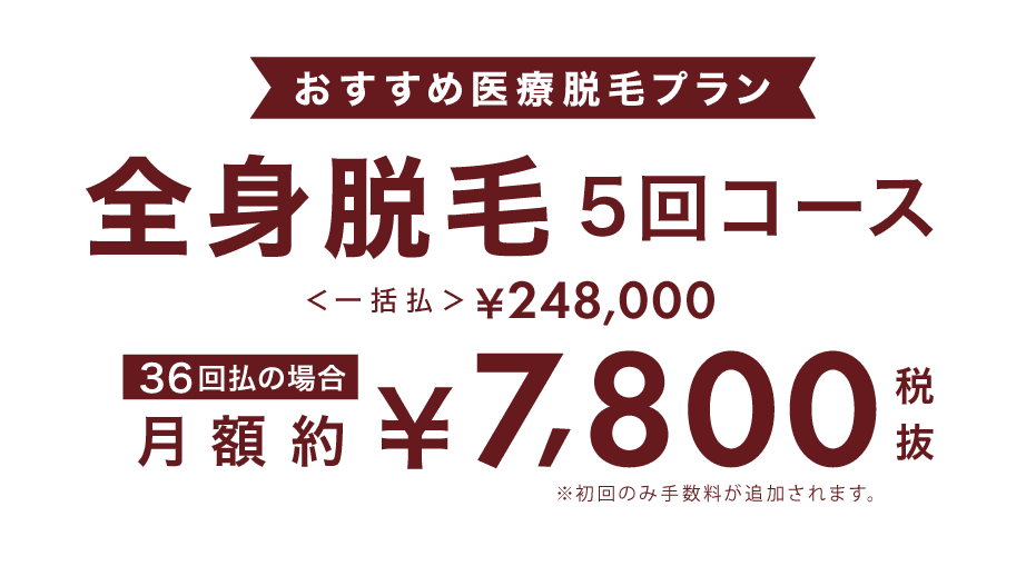 おすすめ医療脱毛プラン 全身脱毛5回コース一括払248,000円 36回払いの場合¥7,800円
