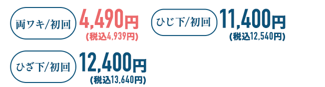 両ワキ/1回 7,400円(税込8,140円)。足・腕１パーツ/1回 12,800円(税込14,080円)